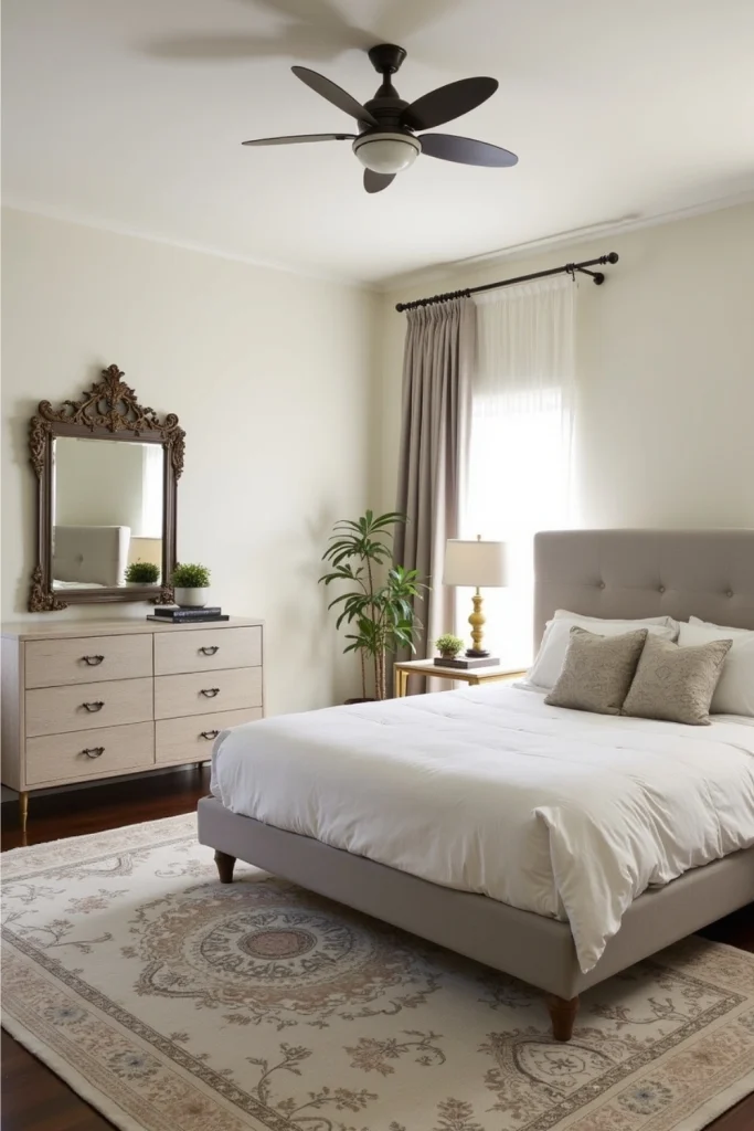 Modern luxury bedroom with sleek bedding, antique mirror, and vintage rug for a timeless, classy style.