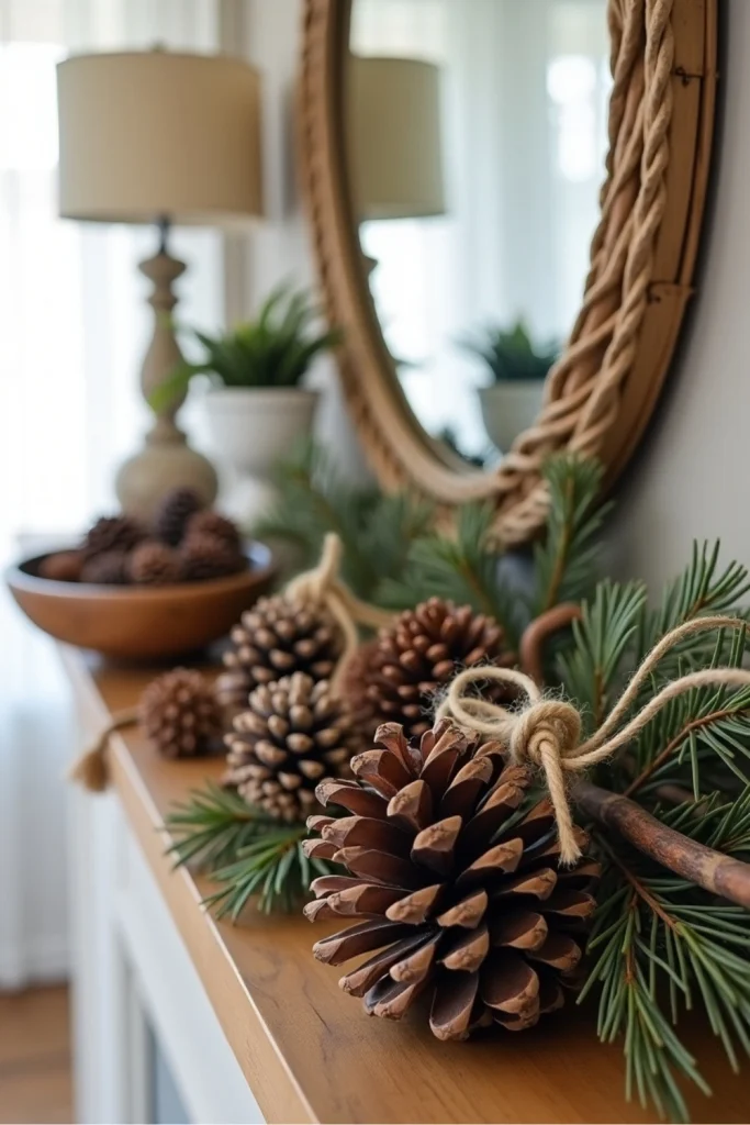 Rustic mantel with pinecones, twigs tied with twine, and wooden bowl, creating cozy winter charm.