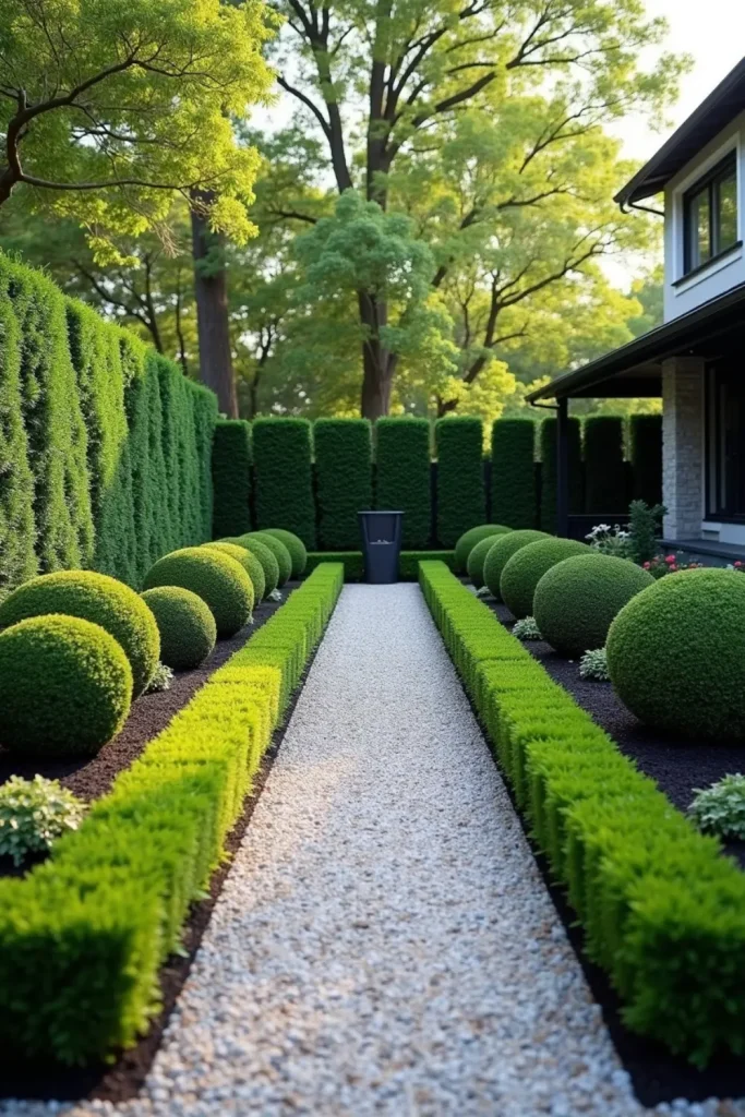Modern front yard with neatly trimmed boxwood hedges, gravel walkway, and year-round greenery.