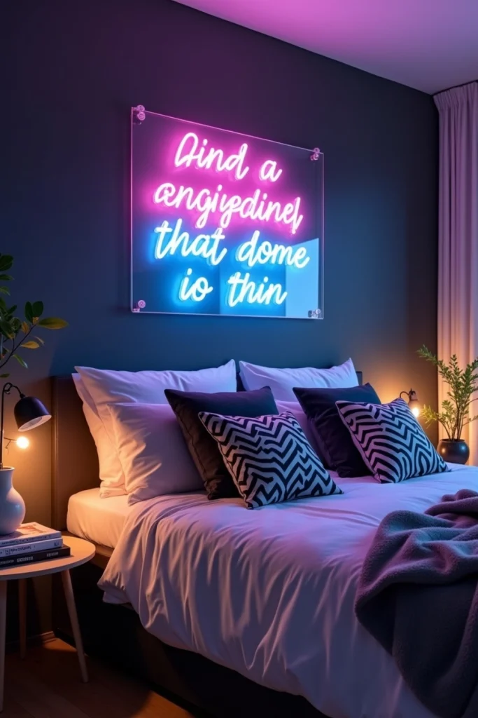 Bedroom with glowing neon quote sign, cozy bedding, plants, and bold diy aesthetic wall decor vibe.
