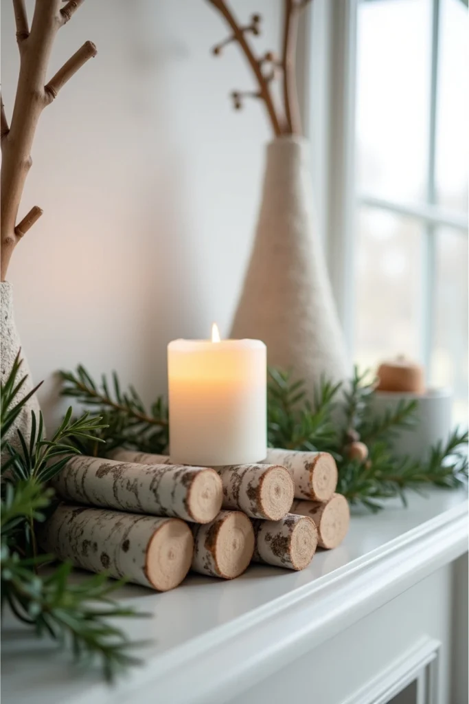 Nordic mantel with birch logs, holly or rosemary sprigs, and single white candle for serene winter decor.