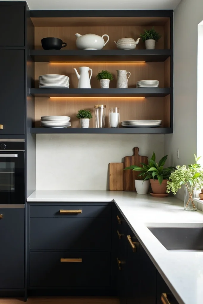 Modern black kitchen with open shelves, white plates, and plants for a light, airy, personal style.