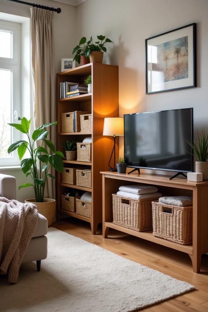 Cozy living room with woven baskets on shelves, sofa with throw, plants, and warm neutral decor.