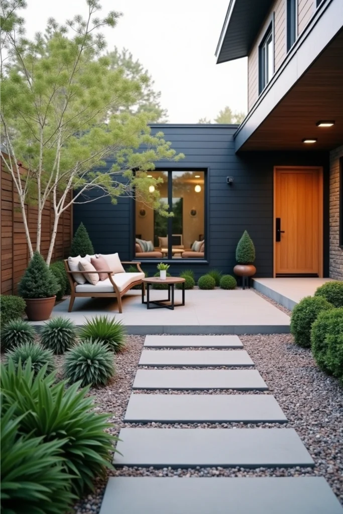 Front yard paver patio with seating, low plants, gravel, and eco-friendly permeable pavers.