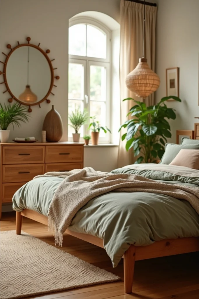 “Earthy bedroom with eco-friendly bamboo and recycled wood furniture, neutral bedding, cozy textures”