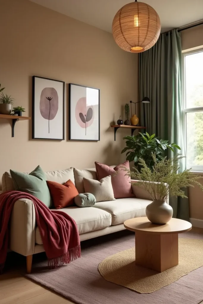 Cozy Japandi living room with warm neutrals, terracotta, sage, amethyst pillows, and red accents.