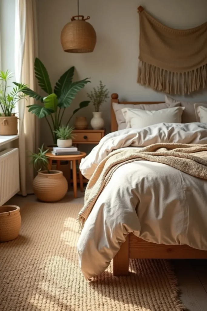 Earthy bedroom with jute rug under wooden bed, layered linen bedding, and rustic decor.Earthy bedroom with jute rug under wooden bed, layered linen bedding, and rustic decor.