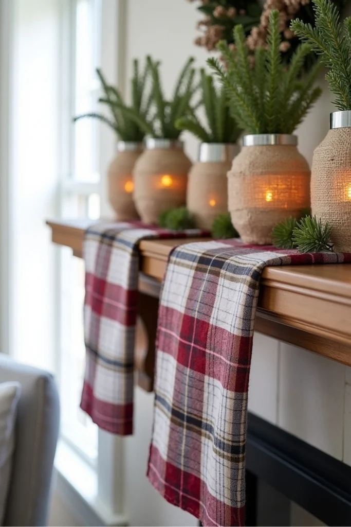 Farmhouse mantel with plaid runner, burlap-wrapped vases, and pine sprigs for a cozy winter look.