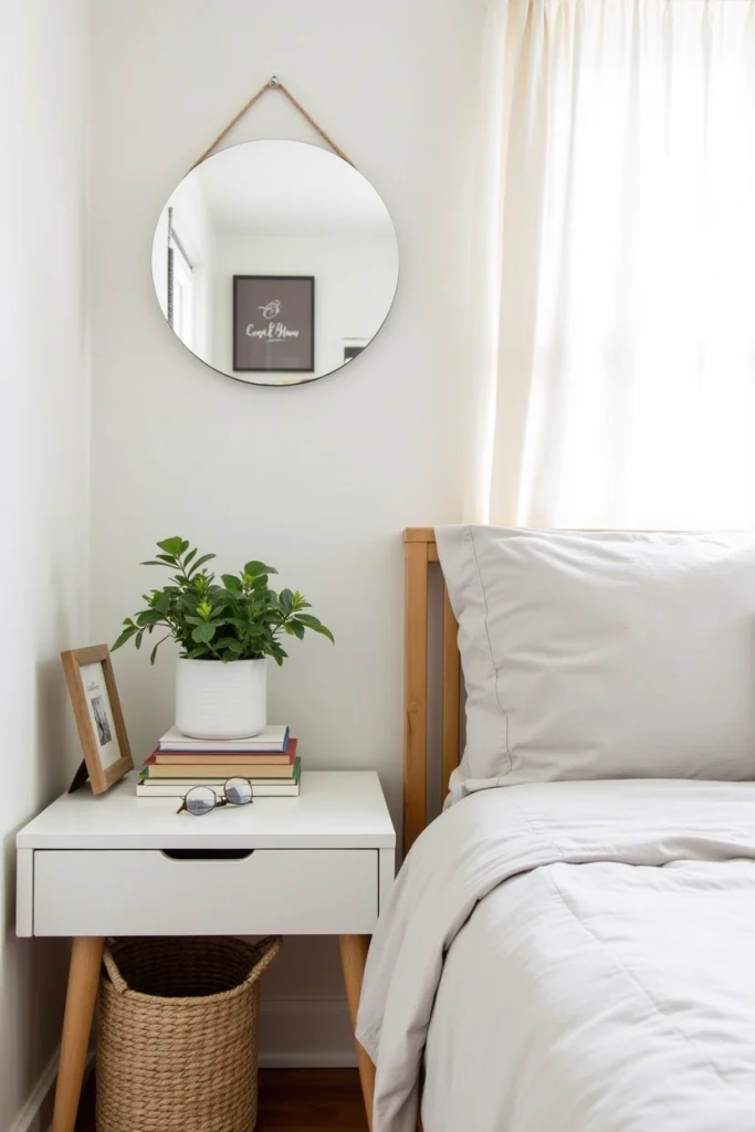Minimal bedroom with soft lighting, plants, framed photos, mirror, and repurposed book decor