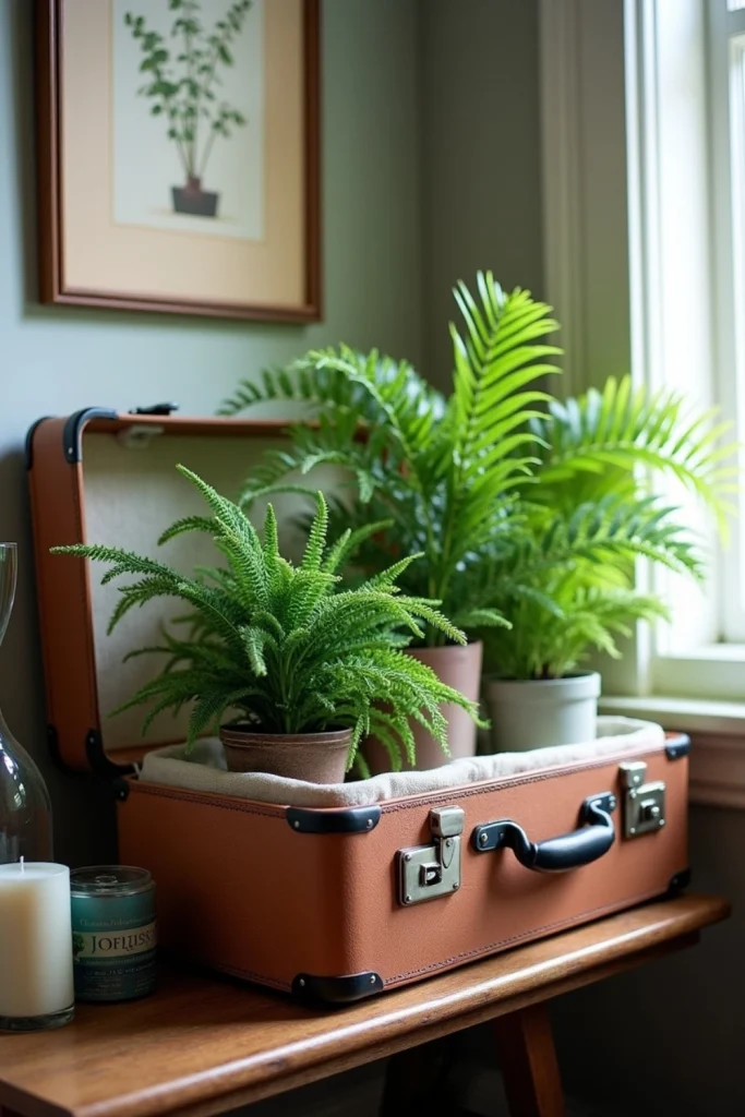 Vintage suitcase repurposed as a planter with cast iron plants adds quirky charm to home decor.