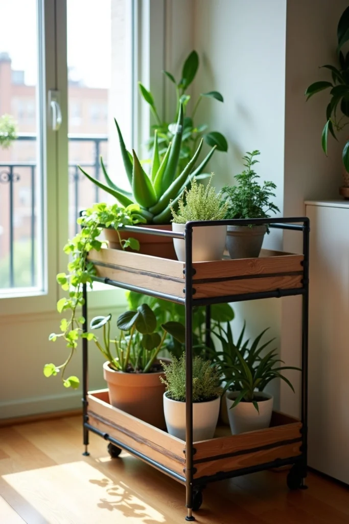 Rolling plant cart with aloe vera and small indoor plants adds flexible, stylish greenery to an apartment.