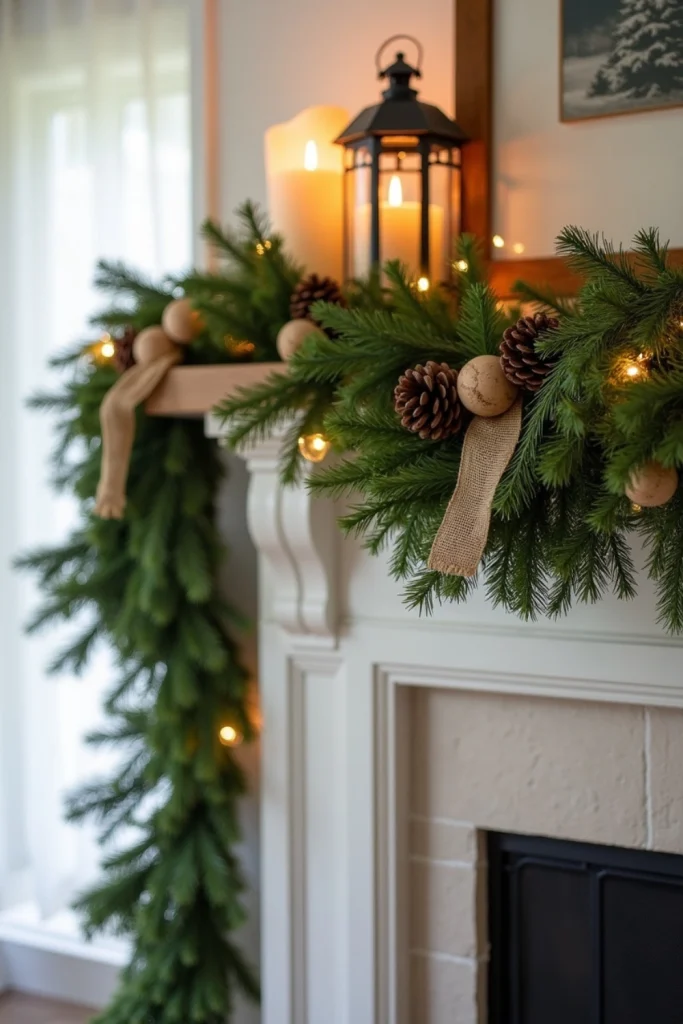 "Rustic mantel with evergreen garland, pinecones, burlap ribbons, and wooden bead accents."