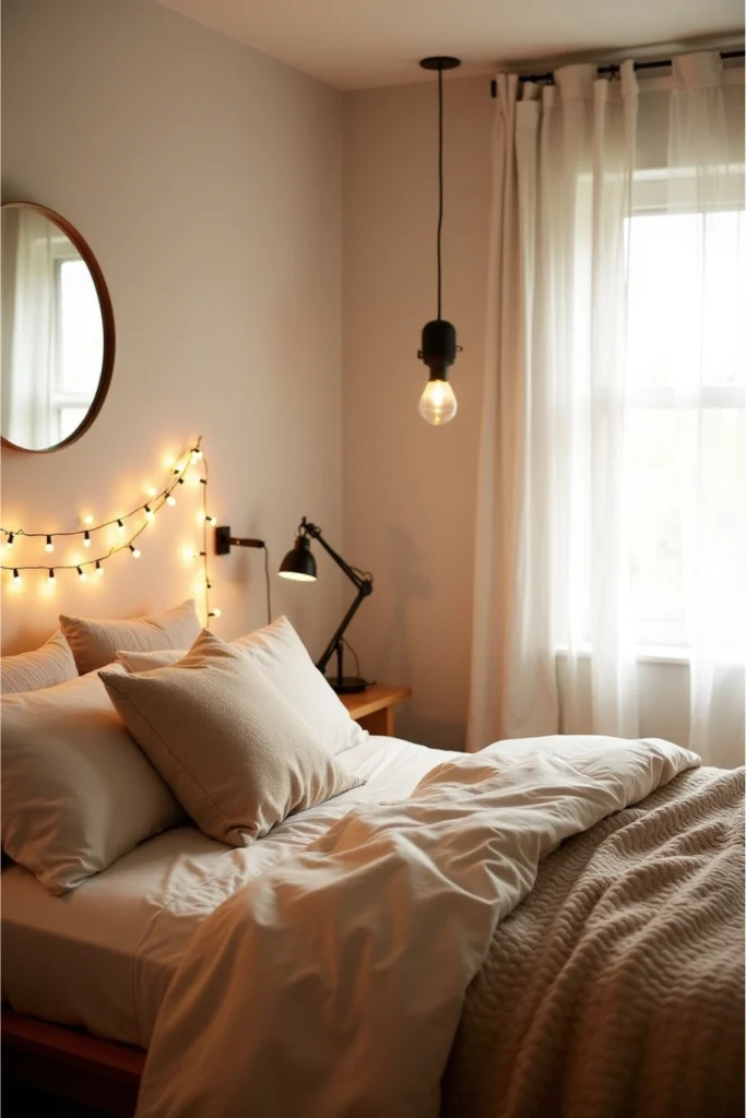Contemporary bedroom with string lights, clip lamps, and soft curtains for a cozy glow