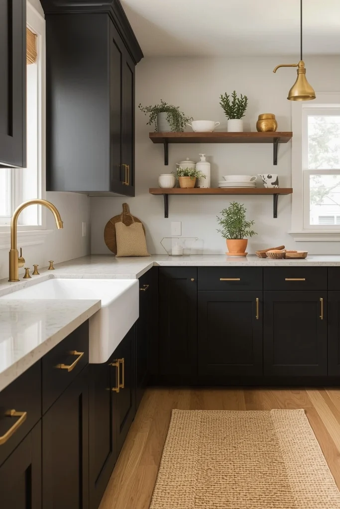 Black shaker kitchen cabinets with brass handles, woven rug, and rustic accents for modern farmhouse charm.