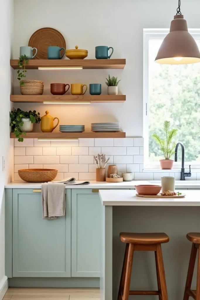 Modern kitchen with open shelves displaying handmade ceramics, colorful dishes, plants, and warm lighting.