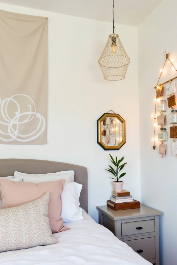 Modern bedroom with DIY cloth wall art, string light, handmade mirror frame, and fabric hangers