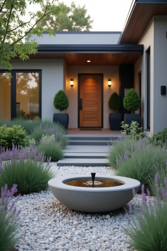 “Modern front yard with stone fountain, gravel, lavender plants, and minimalist calm landscaping design.”