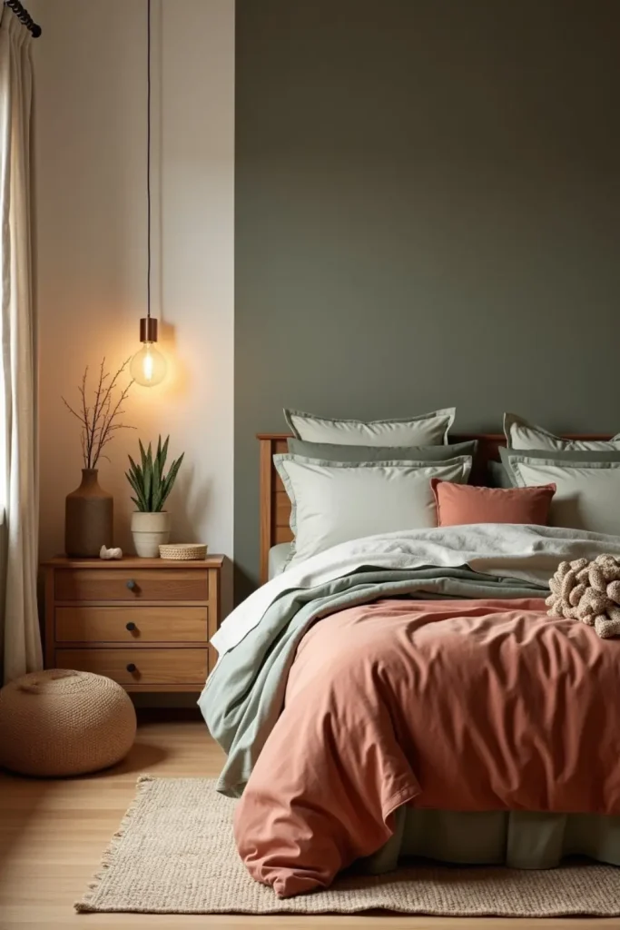 “Serene Western bedroom with clay, green, gray tones, wooden furniture, natural decor, and soft sunlight.”