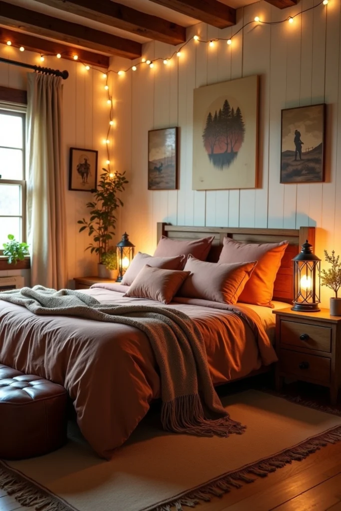 “Western bedroom with iron lanterns, warm earthy linens, rustic wood furniture, and cozy ambient light.”