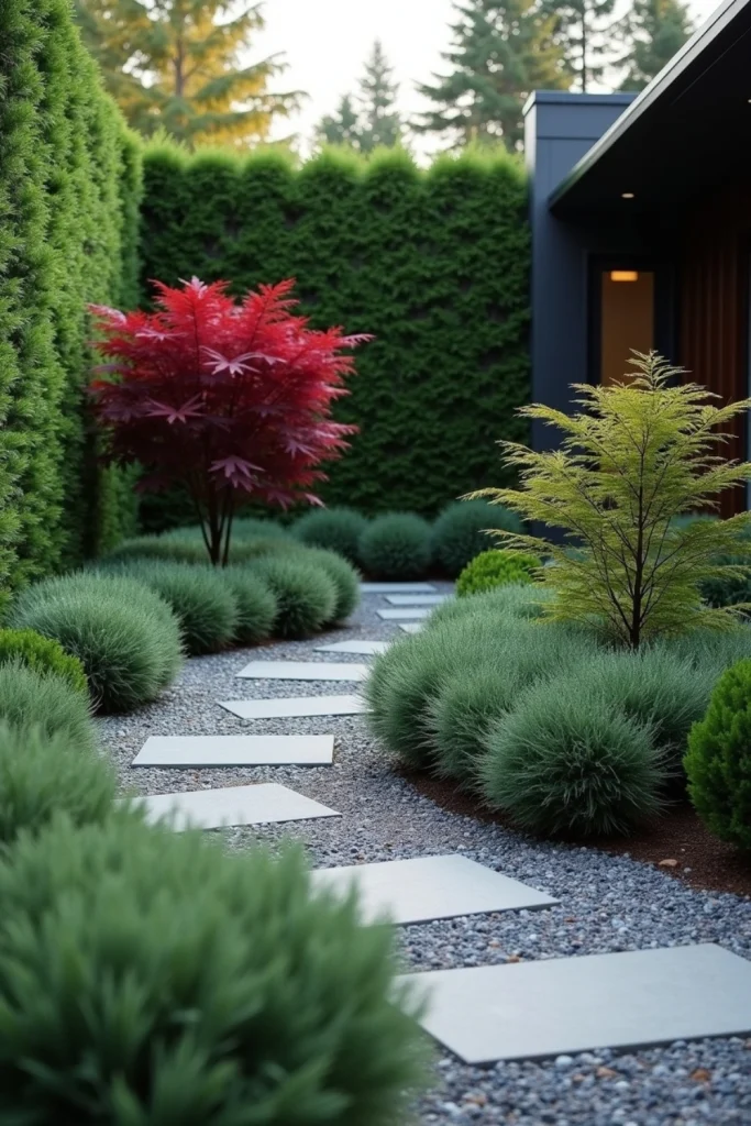 “Minimalist front yard with green and gray plants, red-leafed maple, clean pathways, and cohesive design.”
