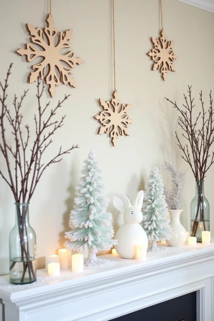 Winter mantel with faux snowflakes, snow-dusted branches, and clear vases for a playful snowy look.