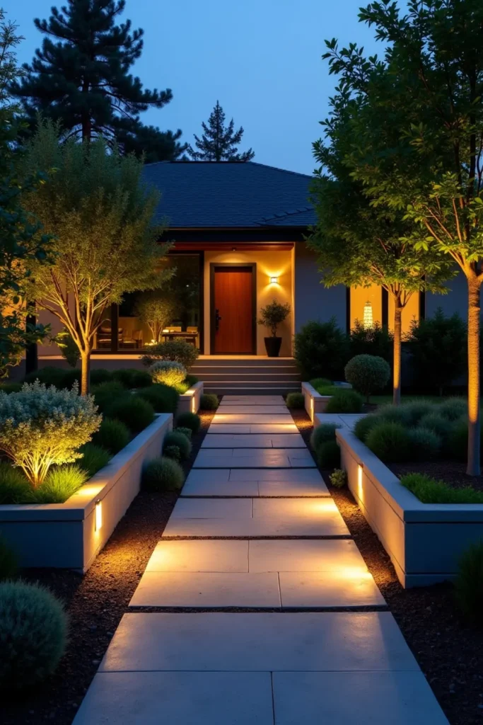 Modern front yard at night with solar path lights, uplit trees, planters, and warm ambient glow.