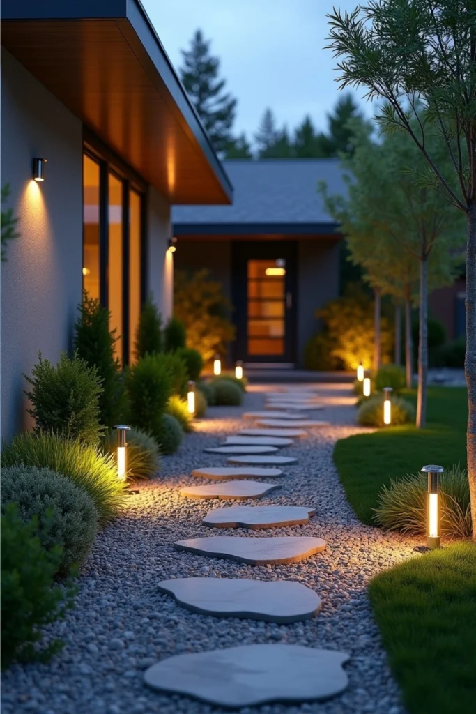 Modern front yard with solar lights, smart sprinklers, native plants, and sleek low-maintenance design.