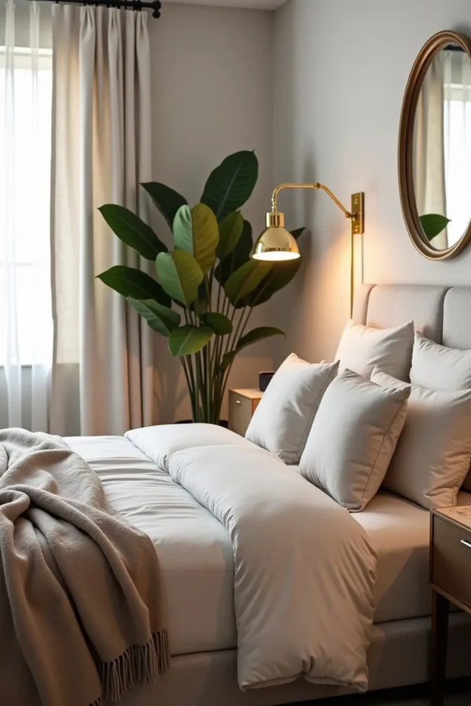 Modern luxury bedroom with gold-trimmed mirror, brass accents, and soft neutral bedding for elegance.