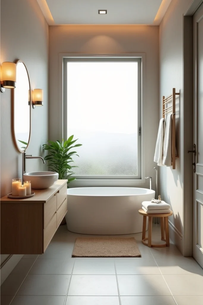 Modern spa-like bathroom with frosted window, candles, towel rack, and calming neutral design.