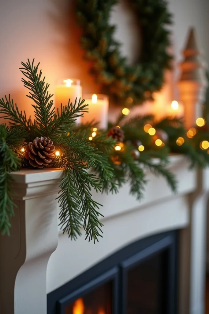 "Winter mantel with cedar garland, warm fairy lights, and pinecones for a cozy glow."