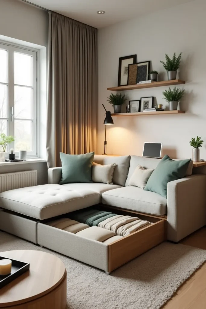 Small studio with sofa bed, storage ottoman, hidden desk, and neutral cozy decor with greenery.