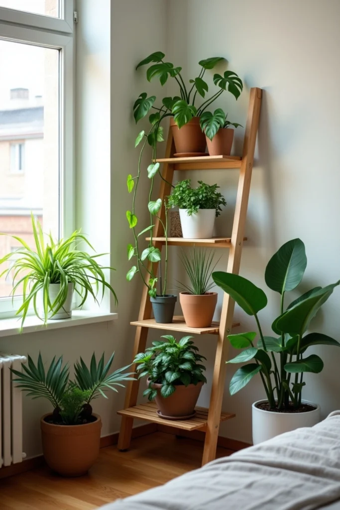 Wooden ladder shelf with areca palms and pothos, varying heights, creating a stylish indoor plant display.