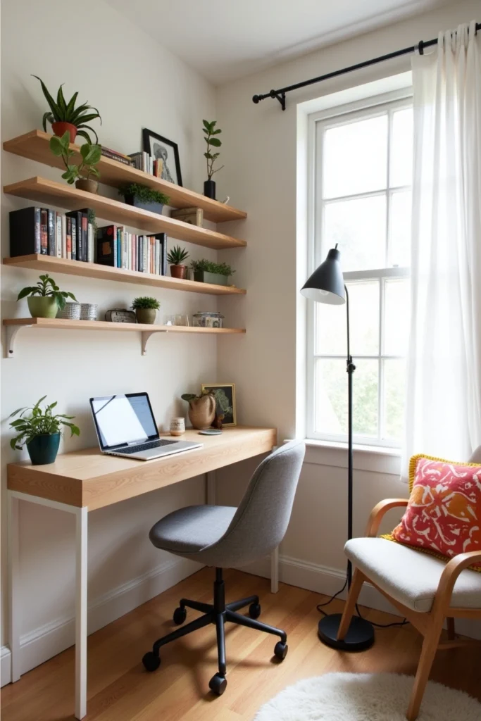 Studio apartment with corner shelves, desk, and reading nook, blending function with cozy style.