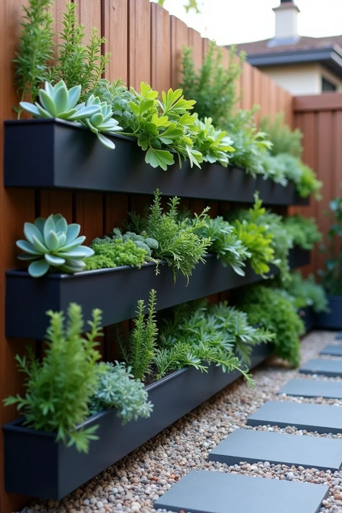“Small front yard with vertical garden of succulents and herbs, clean paving, and modern landscaping.”