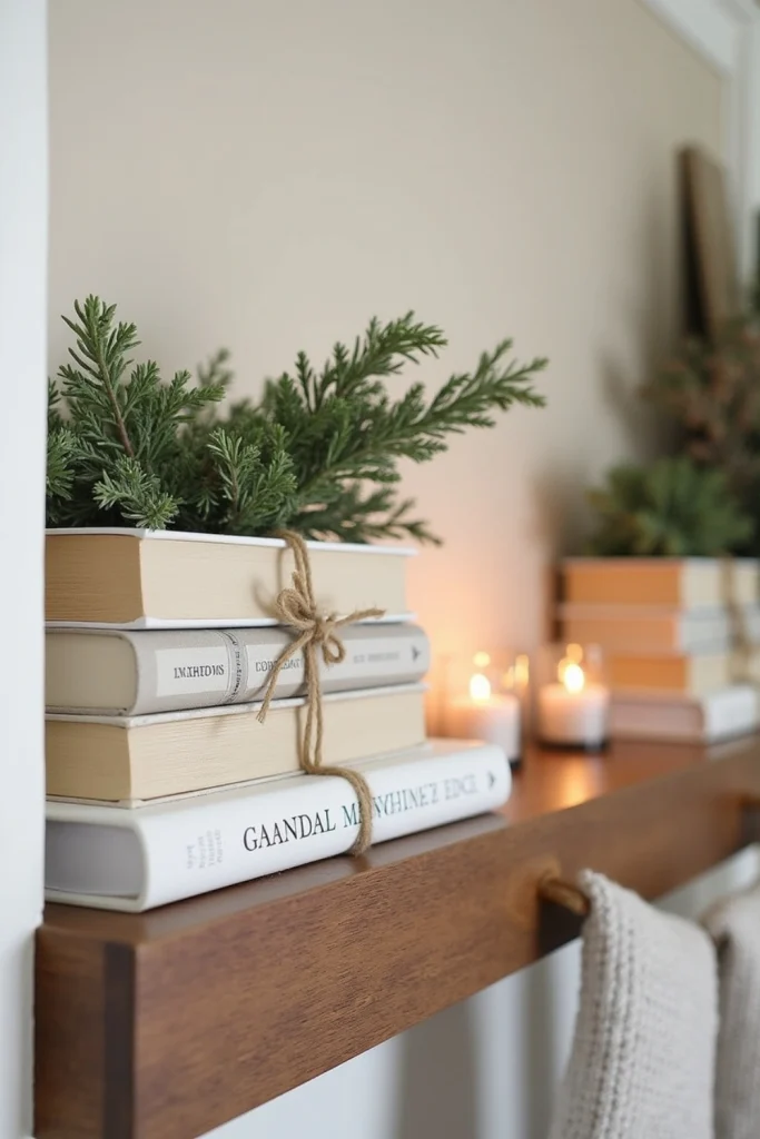 "Winter mantel with stacked neutral books, twine, and evergreen clippings for cozy charm."