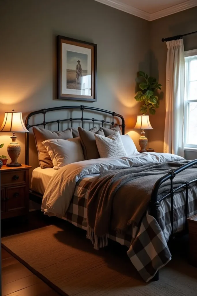 Western bedroom with black wrought iron bed, checkered sheets, rug, lamps, and rustic side tables.
