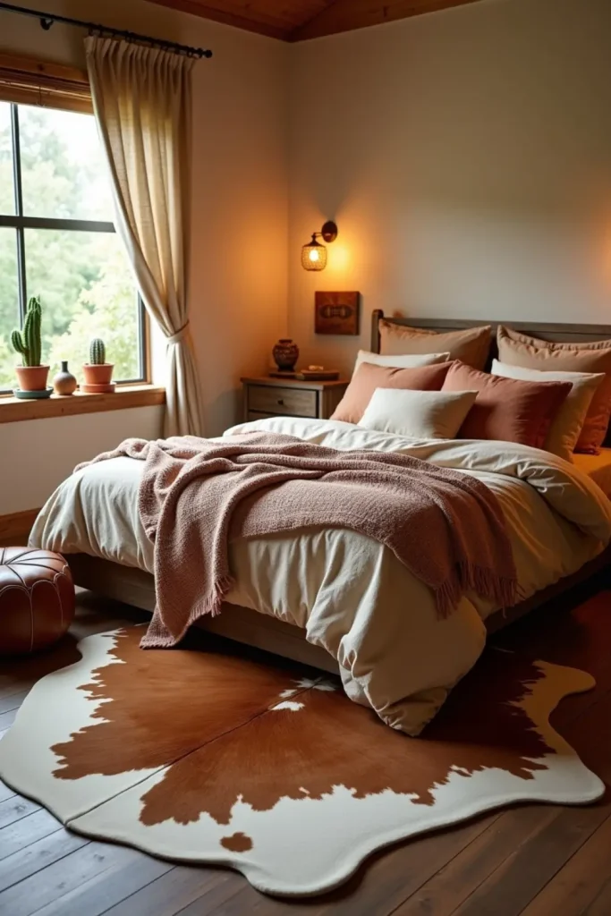 “Cozy Western bedroom with faux cowhide rug, rustic wooden furniture, warm linens, and soft sunlight.”