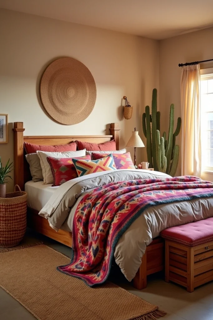 Western-modern bedroom with Navajo blankets, cushions, rustic bed, layered rug, and desert plants.