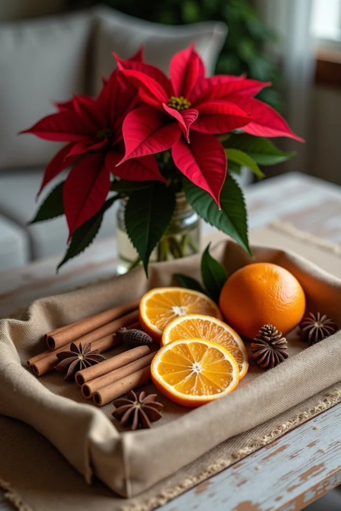 Rustic Christmas tray with dried oranges, cinnamon sticks, star anise, burlap liner, and poinsettia.