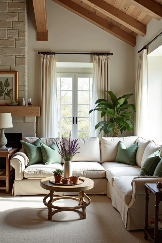 "Cozy French Country living room with wooden beams, stone wall, florals, mixed metals, and rustic décor."