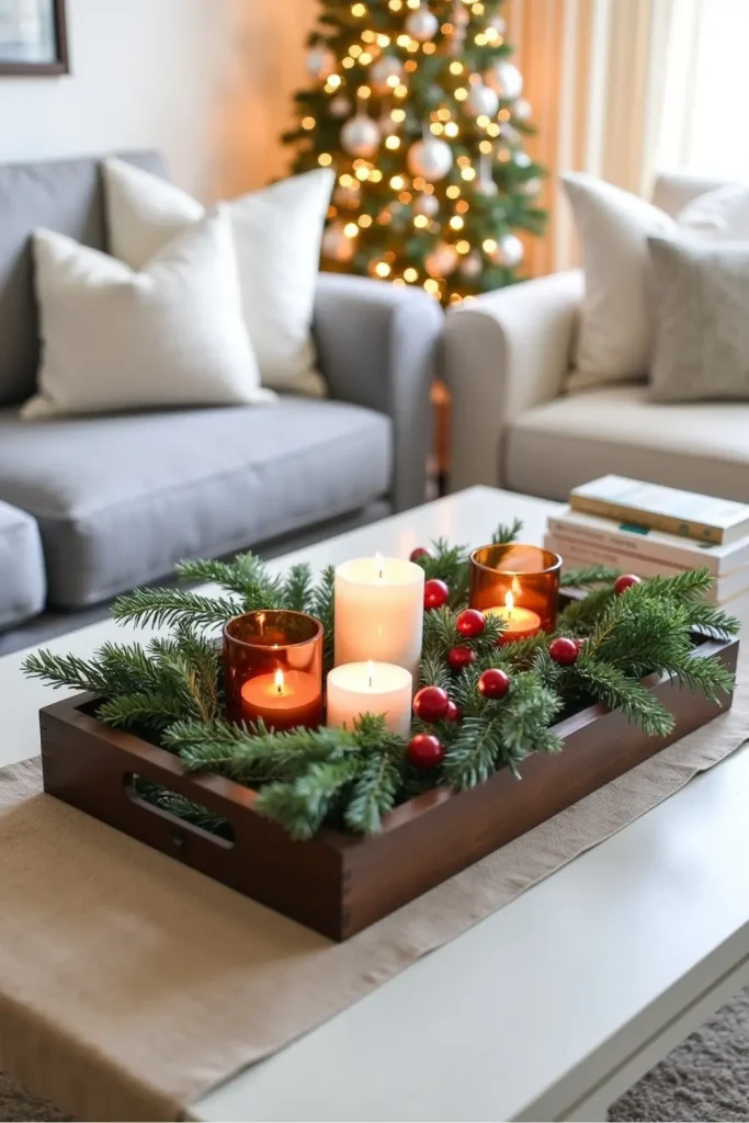 Dark wood tray with evergreen boughs, red cranberries, and glowing glass votives on coffee table.