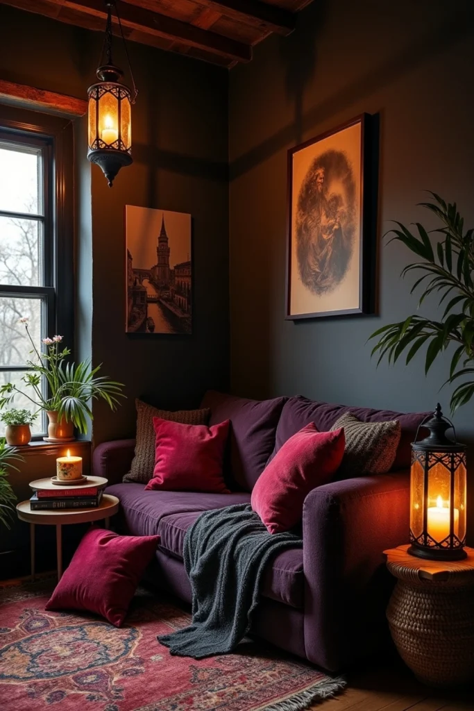 Dark boho boudoir with vintage lanterns, velvet cushions, layered throws, and cozy ambient lighting.
