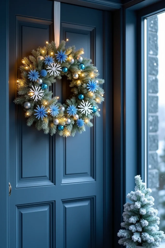 Blue snowflake Christmas wreath with silver ornaments, white ribbon, and icy winter glow.