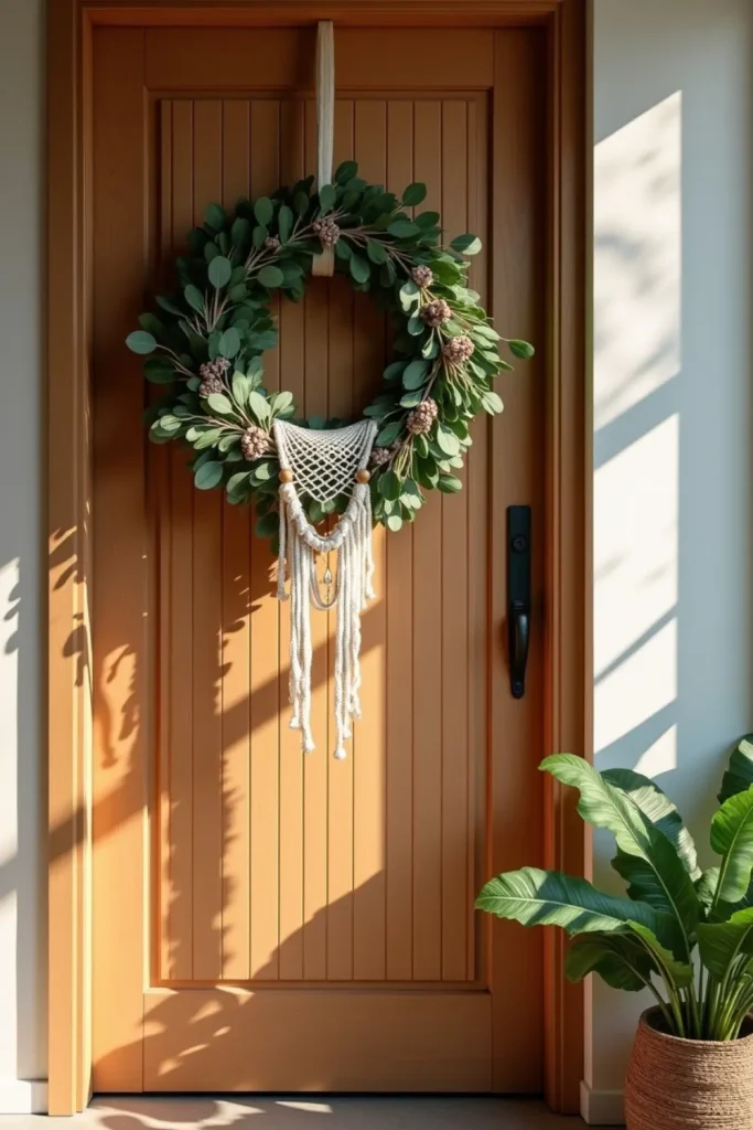 Boho Christmas wreath with eucalyptus, feathers, macramé, and beads on warm wooden front door.