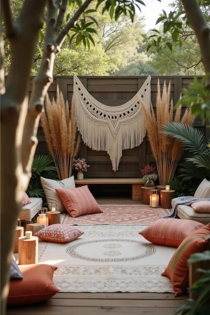 Boho backyard micro wedding with pampas grass, earthy tones, patterned rugs, and cozy seating.