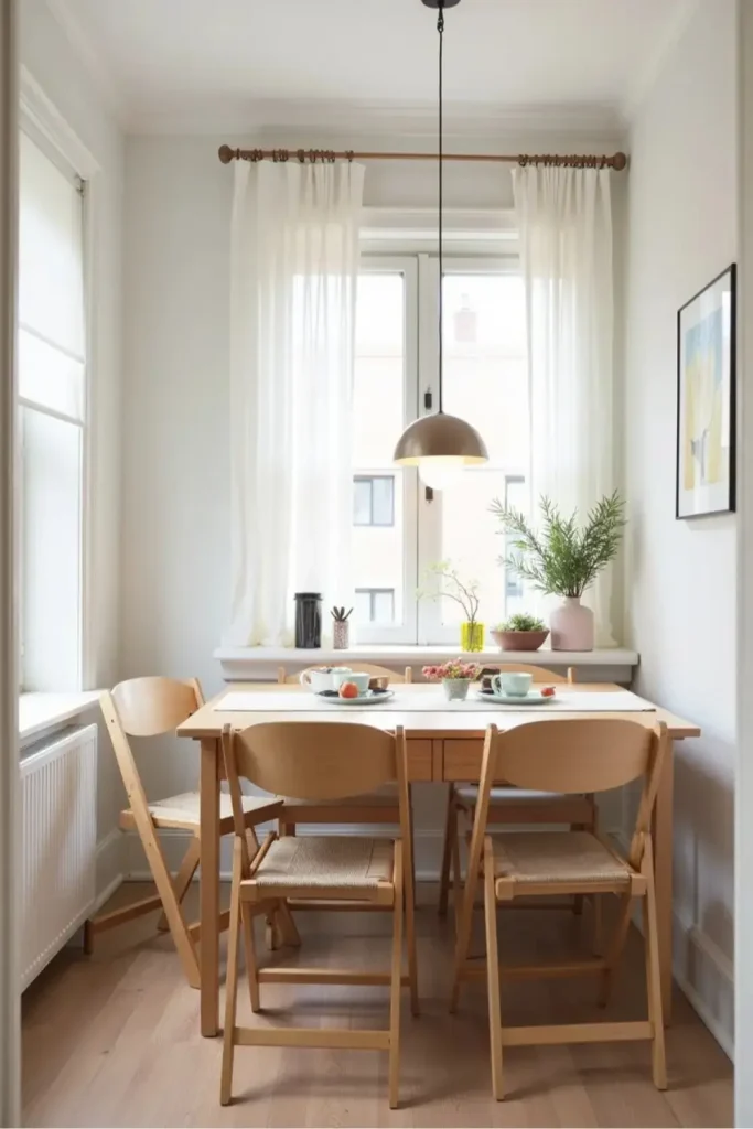 Tiny dining room with built-in bench seating, hidden storage, washable cushions, and cozy farmhouse style.