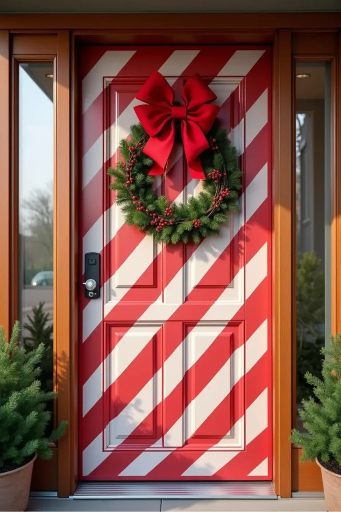 Front door wrapped like candy cane with red-white stripes, bow, and small festive wreath for Christmas.