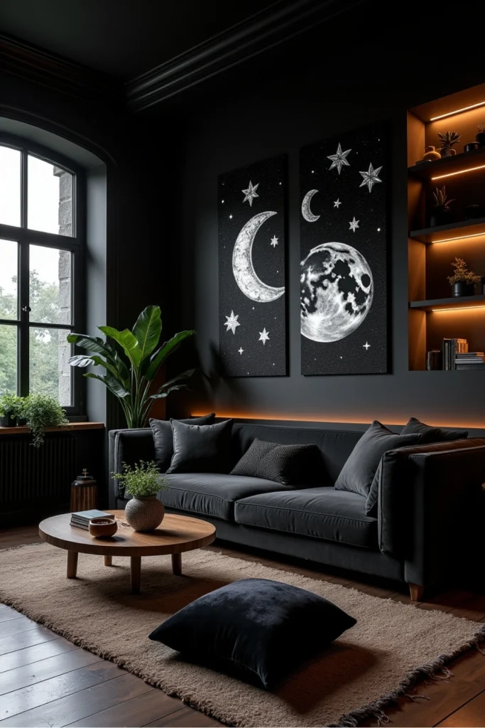 “Dark boho lounge with black celestial walls, backlit art, LED lighting, velvet cushions, and rugs”