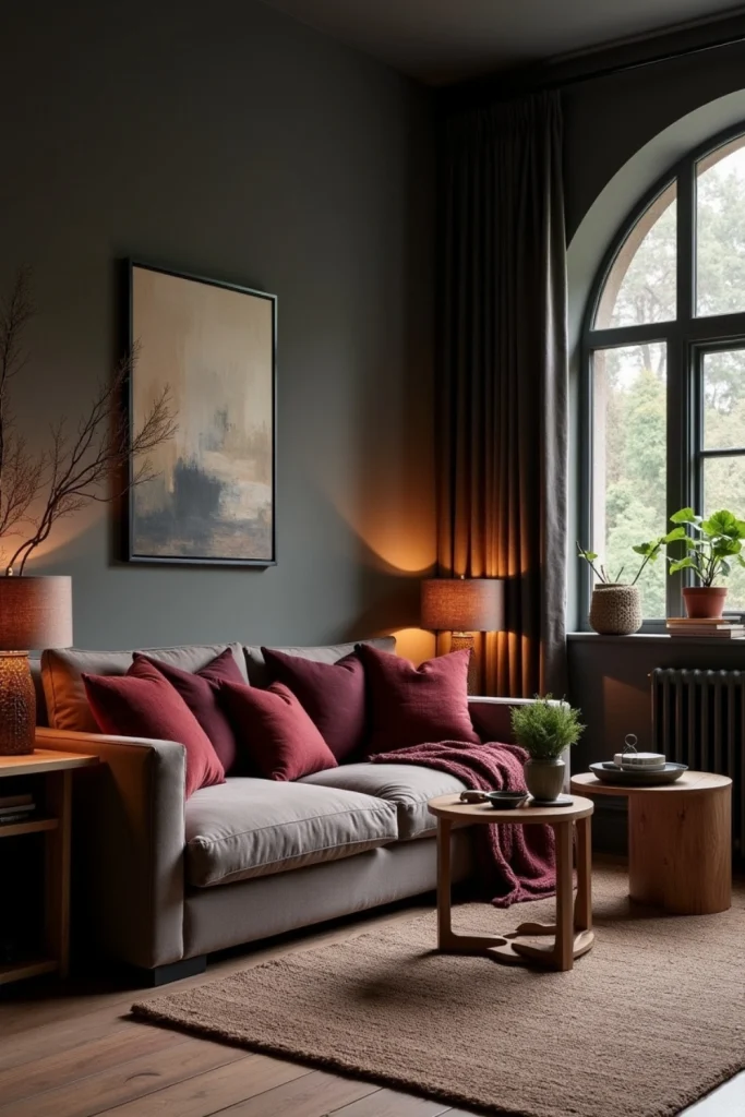 “Charcoal-walled lounge with burgundy accents, vintage lamps, cozy seating, and layered textured rugs”