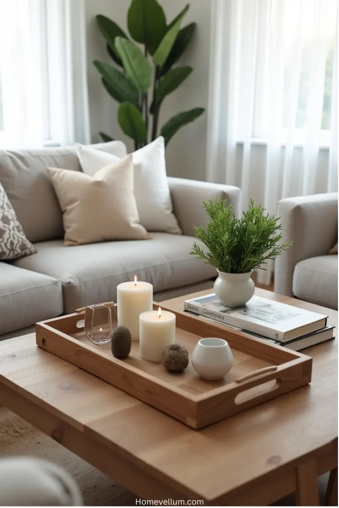 Coffee table styled with wooden trays, candles, greenery, books, and flowers in a cozy living room.